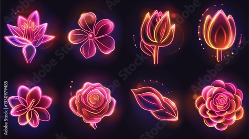 a collection of beautiful, glowing flowers with a neon effect, each in a different shape