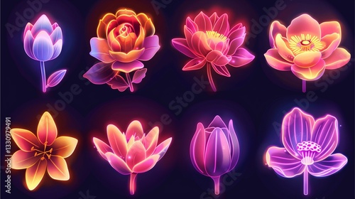 glowing and colorful flowers arranged on a dark background, perfect for adding a touch of vibrancy and elegance to any design