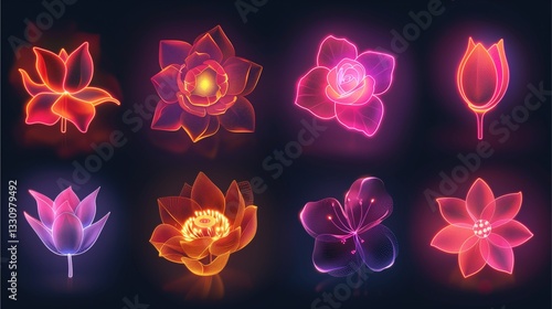 glowing flowers illuminated in a vibrant neon colors, arranged on a dark backdrop. Each flower features intricate details