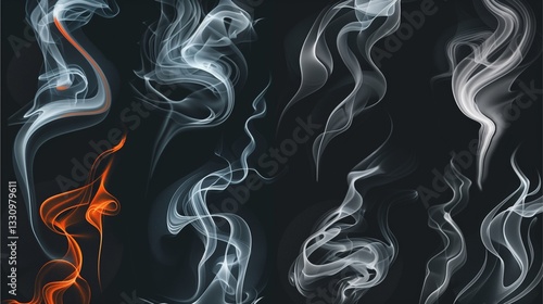 smoke art of various shapes in different colors on a dark backdrop. The smoke appears to be swirling and dynamic, adding a sense of motion