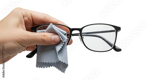Hand cleaning eyeglasses with microfiber cloth isolated on white or transparent png background