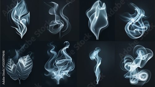 an assortment of artistic smoke effects displayed on a dark backdrop, showcasing elegant patterns