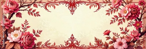 Intricate red floral toile, scenic French vintage design , french toile, toile de jouy