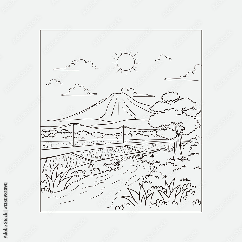 Naklejka premium A beautifully illustrated landscape depicting a serene mountain view, gently winding river, and a tranquil sunlit sky perfect for design projects, relaxation themes, or nature-focused concepts.