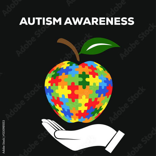Autism Awareness Day.  Apple colorful puzzle in human hand. Vector isolated on black background.	
