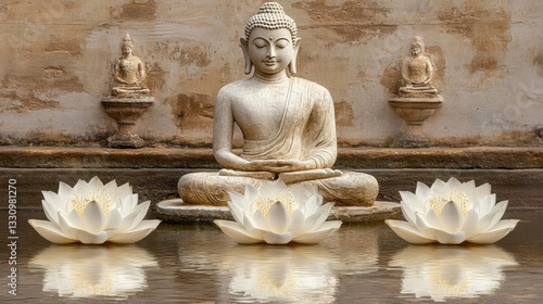 Serene Buddha Statue Amidst White Lotus Blossoms in Calm Water