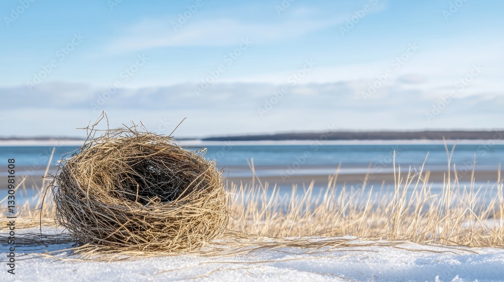A vacant bird nest, abandoned, swaying in the cold wind. A vacant bird nest, abandoned, swaying in the cold wind.
