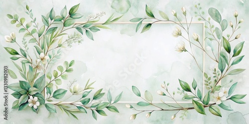 Elegant Botanical Frame with Delicate White Blossoms and Lush Greenery on a Soft Mint Background