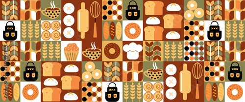 Bread and pastries abstract background. Geometric pattern bakery menu bread, croissant, donut, cupcakes. Pastries and dessert in trendy style, seamless pattern with icons related to bakery, cafe.