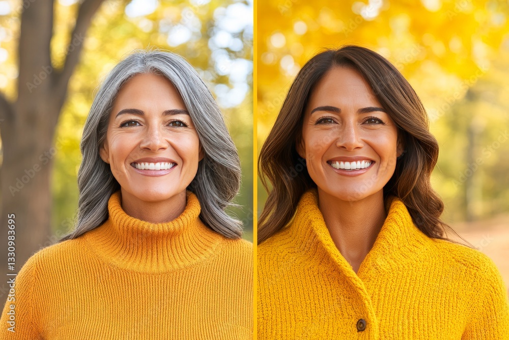 Obraz premium Two mature women one with salt and pepper hair and the other with rich brown hair wearing cozy autumn outfits posing together in a golden fall outdoor setting representing warmth and friendship