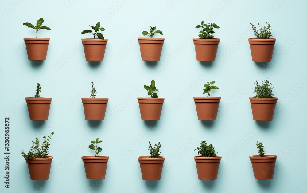 Grid of Small Potted Plants on Light Blue Background Grid of Small Potted Plants on Light Blue Background