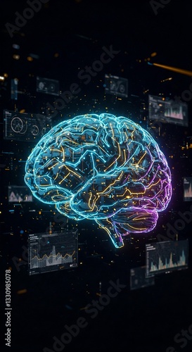 Glowing digital brain with neural connections, circuits, and data nodes, symbolizing artificial intelligence, deep learning, and advanced computation in a futuristic high-tech environment.