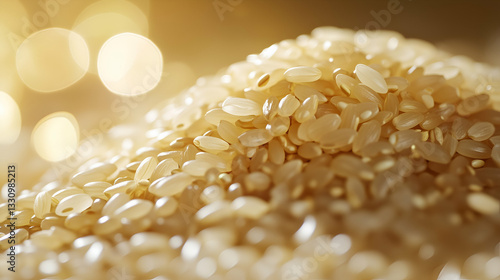 A close-up of golden rice grains piled together, illuminated by warm light with a soft bokeh background. The glossy texture and natural tones highlight the quality and purity of the rice.