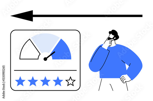 Person pondering rating score with five-star system and gauge needle indicator, set next to arrow symbolizing direction. Ideal for analytics, customer feedback, reviews, performance, progress