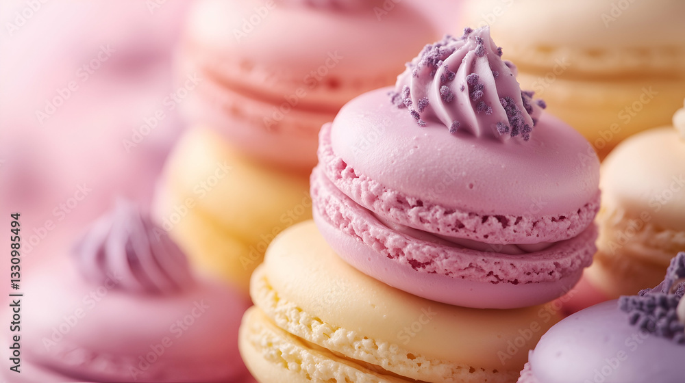 A close-up of beautifully decorated pink and yellow macarons with creamy filling and delicate sprinkles. The soft pastel colors and blurred background create a dreamy and elegant dessert presentation. A close-up of beautifully decorated pink and yellow macarons with creamy filling and delicate sprinkles. The soft pastel colors and blurred background create a dreamy and elegant dessert presentation.