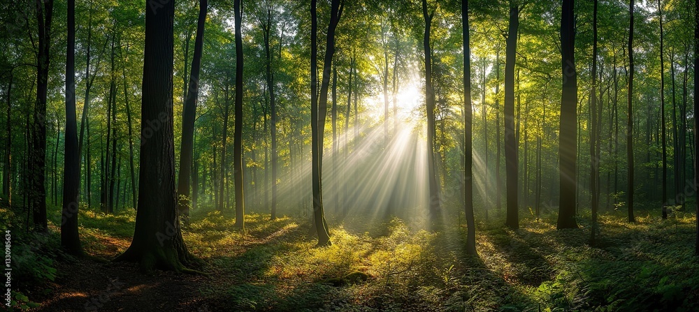 Obraz premium Dramatic sunbeams illuminating misty forest path through towering trees in wide natural vista for eco-tourism campaigns and mindfulness app visuals.