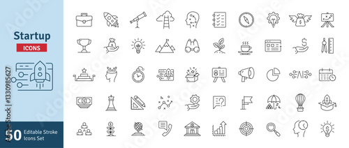 Startup Line Editable Stroke Icons Set. Funding, Planning, Strategy, Launch, Marketing, Growth, Ideas, Technology, Creativity Icons Vector Illustration