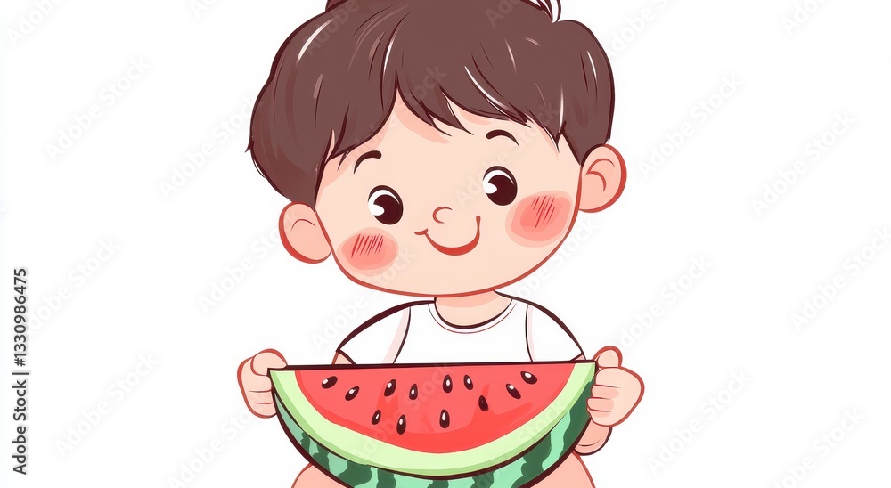 Cute Cartoon Child Enjoying Watermelon Slice Cute Cartoon Child Enjoying Watermelon Slice