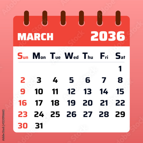 March 2036 Calendar Layout. Vector illustration of  March planner. March 2036 Monthly Template. Flat calendar design
