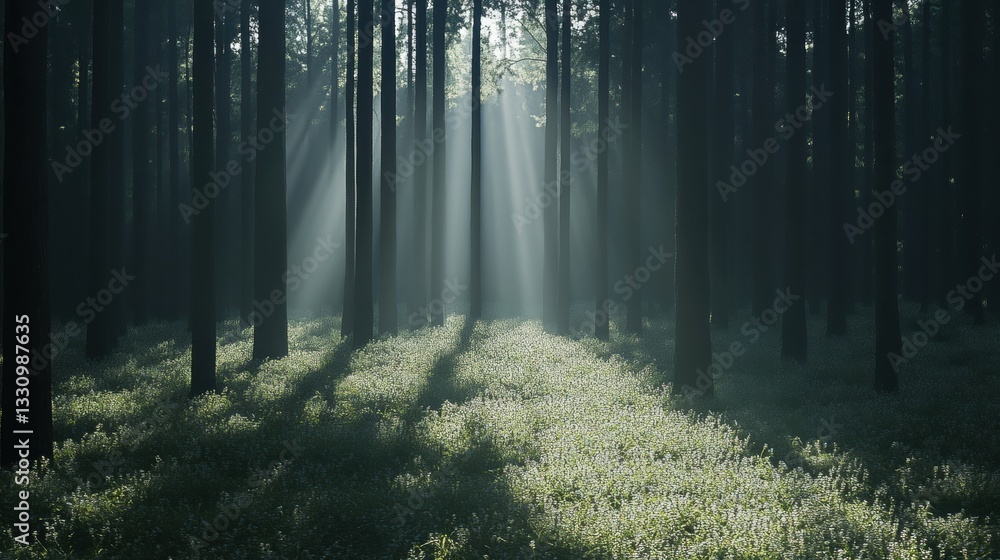 Obraz premium Sunbeams Illuminate Misty Forest Path