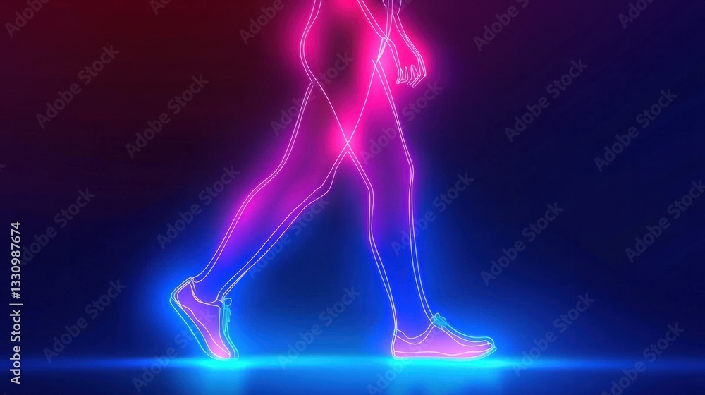 Fototapeta premium Neon Outline of a Person Walking with Colorful Backlighting Effect