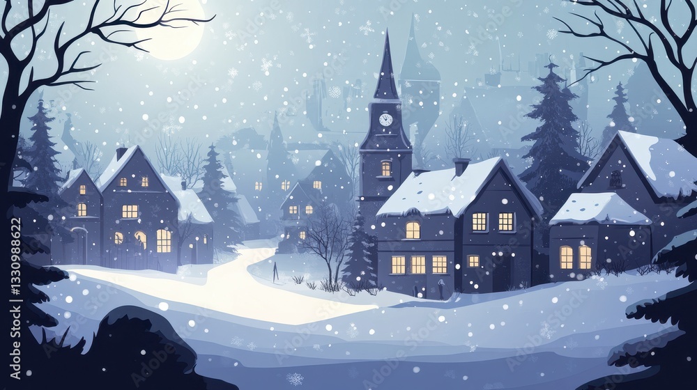 Enchanting Snowy Village at Night A Winter Wonderland Scene Enchanting Snowy Village at Night A Winter Wonderland Scene
