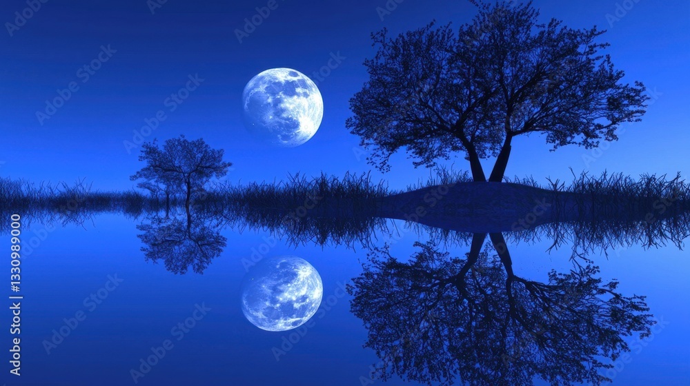 Naklejka premium The night whispers secrets over a secluded moonlit lagoon, where the reflection of the moon ripples like a portal to an enchanting realm.