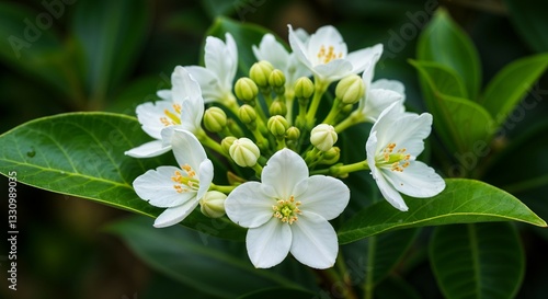 White Flowers Yellow Centers, Blurred Green Natural Background