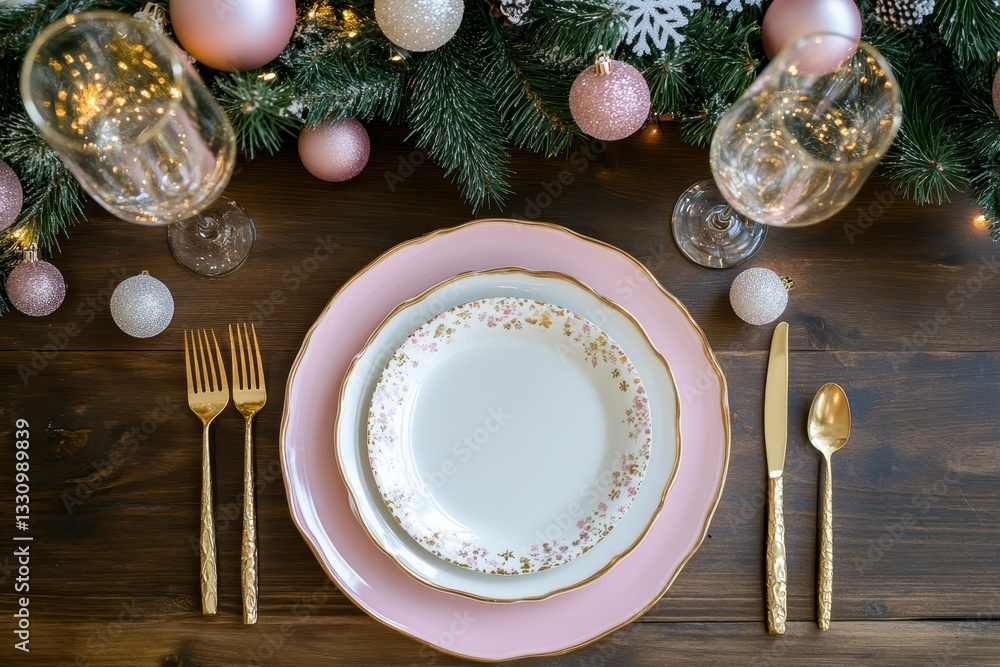 Elegant Pink and Gold Christmas Table Setting with Rustic Wooden Background Elegant Pink and Gold Christmas Table Setting with Rustic Wooden Background