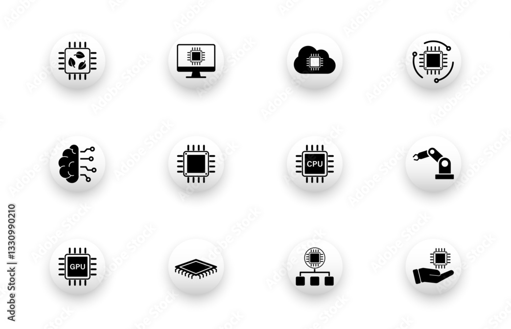Naklejka premium Icons about chips, technology, robot arm, computer, digital brain. Solid vector icon set.
