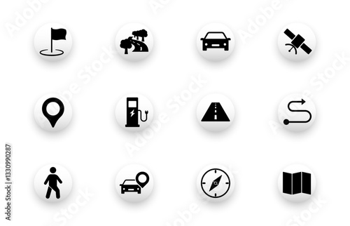 Icons on the theme of roads, cars, charging stations, locations, maps. Solid vector icon set.