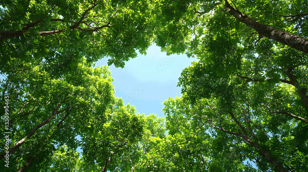 Lush green canopy of trees viewed from below, showcasing vibrant foliage and a clear blue sky peeking through. Ideal for nature, environmental, and serenity themes. Lush green canopy of trees viewed from below, showcasing vibrant foliage and a clear blue sky peeking through. Ideal for nature, environmental, and serenity themes.