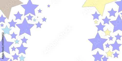 Object fountain organized from random sparcle star pictographs as fireworks. Seamless pattern with blue and lilac stars on a white background. Use for fabric, wrapping paper, wallpaper, print, bg. 