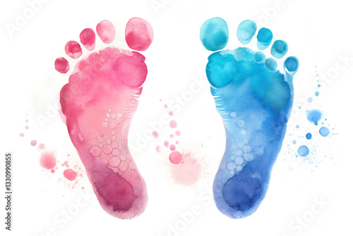 Two watercolor-style baby footprints in shades of blue and pink on a white background