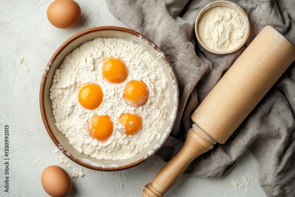 Five Egg Yolks in Flour Bowl with Rolling Pin Five Egg Yolks in Flour Bowl with Rolling Pin