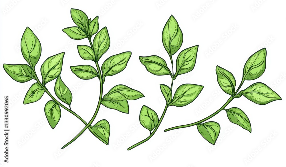 Five Green Leaf Sprigs Digital Illustration Five Green Leaf Sprigs Digital Illustration
