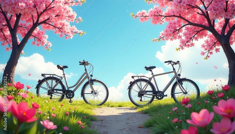 Fototapeta premium Bikes gleam under a cloudless sky, surrounded by vibrant spring blooms , outdoor, sunshine