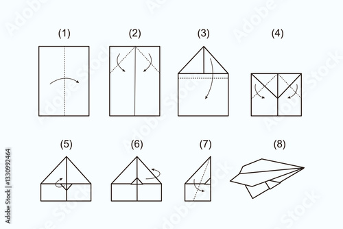 Illustration showing clear step-by-step instructions for folding a classic paper airplane. Perfect for crafting and origami enthusiasts seeking fun DIY activities using paper folding techniques.