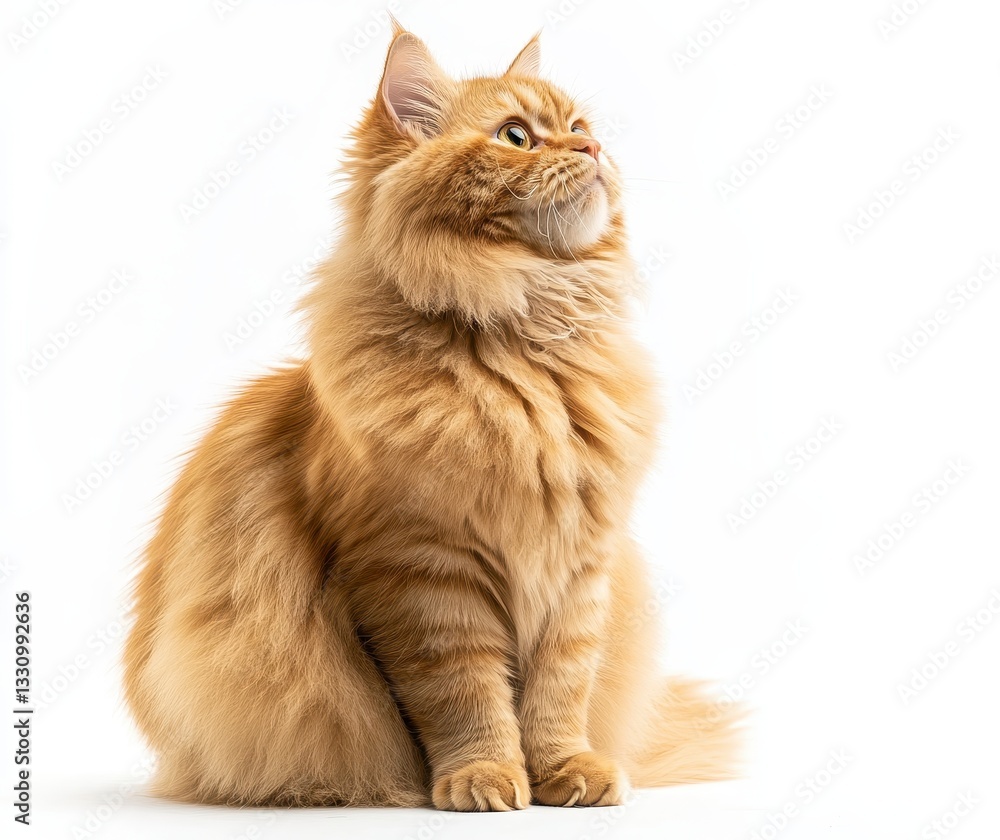 Fluffy Ginger Cat Sitting Against White Background Fluffy Ginger Cat Sitting Against White Background