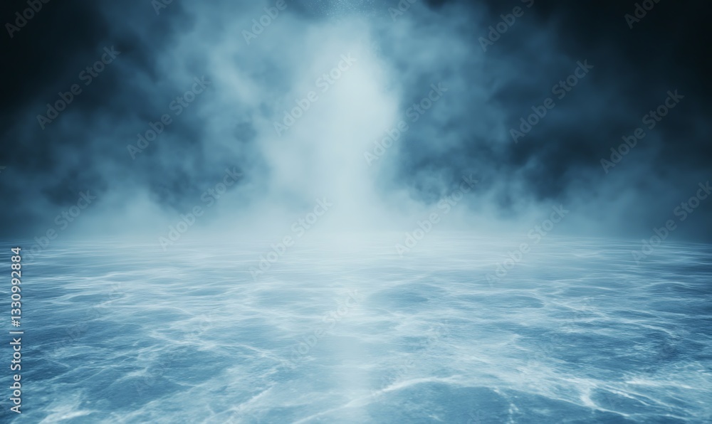 Obraz premium Misty ocean surface under dramatic, dark sky with a hint of light breaking through.