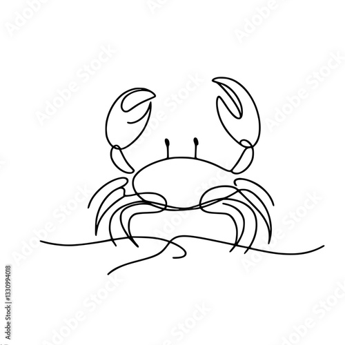 Line vector outline drawing of a crab with big claws standing on the sand
