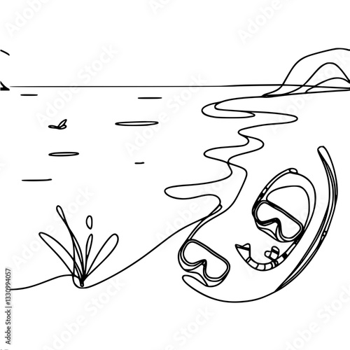 single line vector drawing of a diving mask and fins lying on the seashore near the water