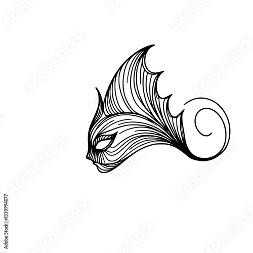 Black and white outline vector graphic image of a mythical fish with a human face mask on a white background, made in a minimalist style