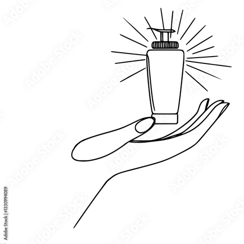 Black and white outline vector illustration of a hand holding a pump dispenser bottle. Around the bottle are drawn diverging lines, emphasizing its importance or focusing attention on the product.