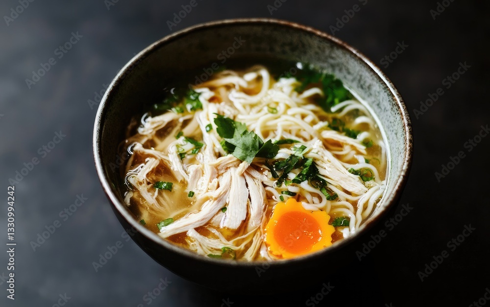 Warm Chicken Noodle Soup with Quail Egg and Herbs Warm Chicken Noodle Soup with Quail Egg and Herbs