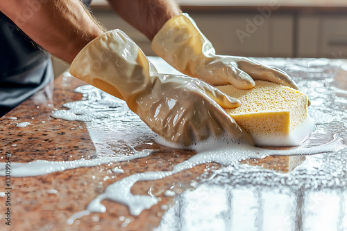 A man’s hands wearing rubber gloves, scrubbing a kitchen countertop with a sponge, the surface sparkling clean under bright lighting. photo