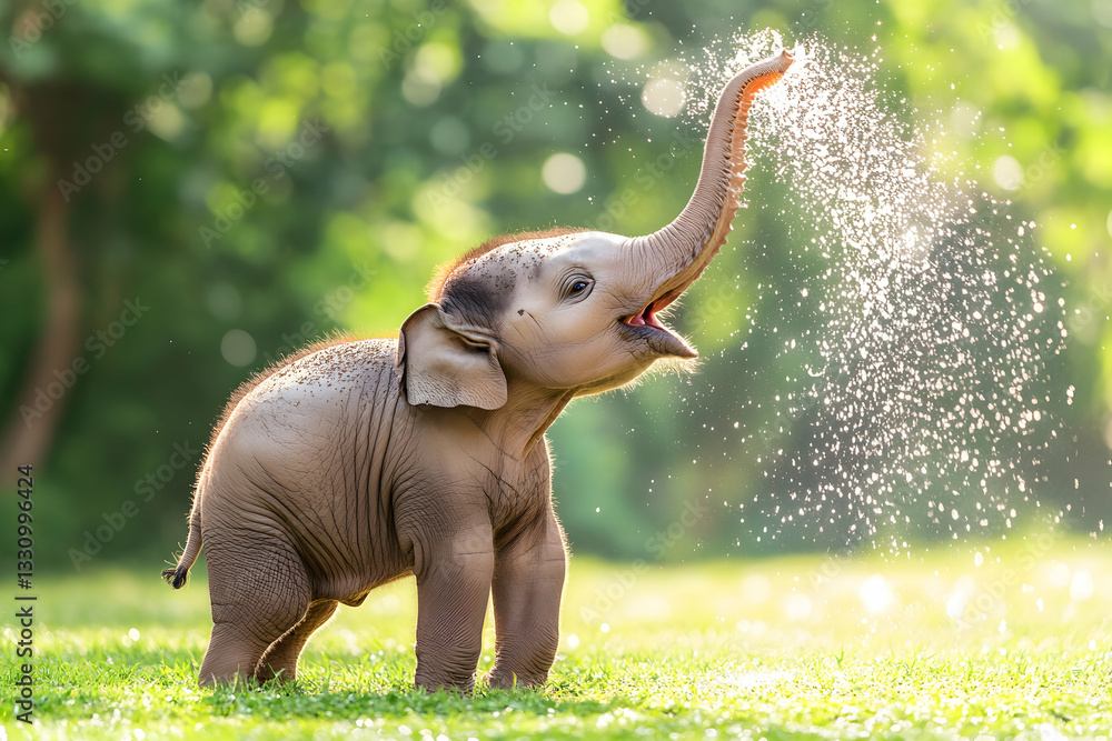 Obraz premium Adorable baby elephant playfully spraying water, sunny outdoor scene. Perfect for nature, wildlife, and animal themes.