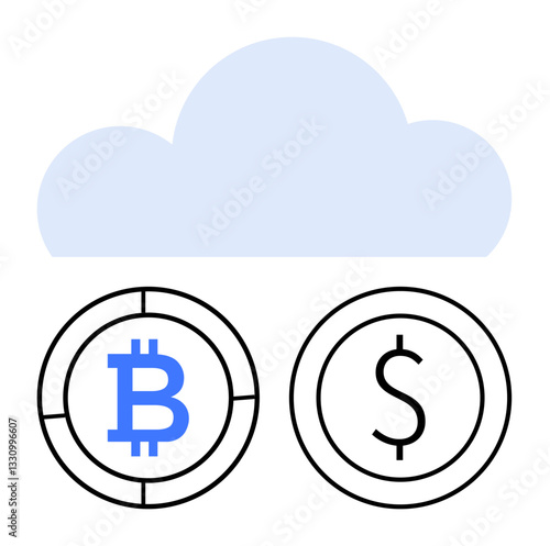 Cloud icon above Bitcoin and dollar currency icons symbolizing digital money, finance, and virtual transactions. Ideal for finance, technology, cloud solutions, cryptocurrency, fintech, economy