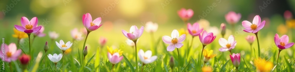 Pastel gladioli carpet a tranquil spring meadow bathed in soft sunlight, dawn, sunlight Pastel gladioli carpet a tranquil spring meadow bathed in soft sunlight, dawn, sunlight