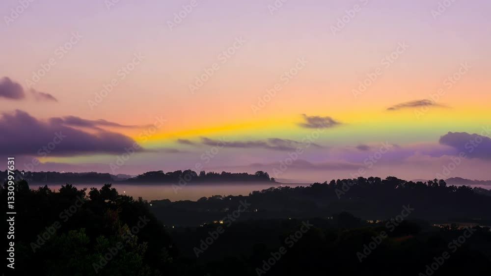 Vibrant Rainbow Over Misty Summer Twilight: A Stunning Scenic Vista Vibrant Rainbow Over Misty Summer Twilight: A Stunning Scenic Vista